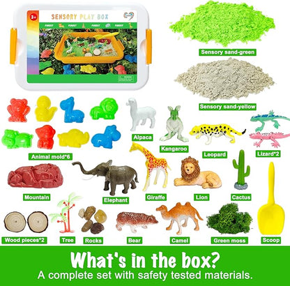 Jungle Sensory bin,Safari Animal Figures Playset Toys,Wild Forest Sandbox,Desert Animals Play Sand Set with Sensory Sand,Zoo Animal Figurines,Jungle Adventure Play Kit for Kids 3 4 5 6 7