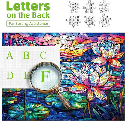Stained Glass Flower Puzzles for Adults 1000 Pieces Colorful Waterlily Impossible Hard Puzzle for Adults Beautiful Vintage Flowers Art Jigsaw Puzzles Unique Challenging Mosaic Floral Family Puzzle