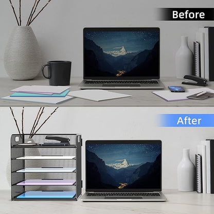 Supeasy 5 Trays Paper Organizer Letter Tray with Handle-Mesh Desk File Organizer, Paper Sorter Desk Organizer for Office, Home or School