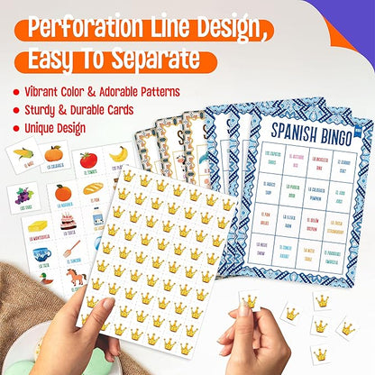 Spanish Bingo Game, 25 Boards for Spanish Vocabulary Bilingual Word Bingo Game Educational Toys for Language Learning - Ages 5 and up (Up to 25 Players)