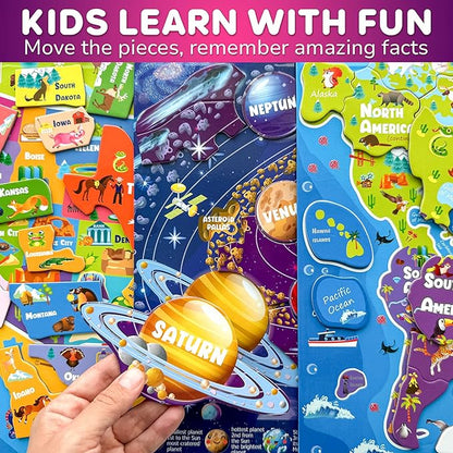 QUOKKA Magnetic Toddler Puzzles Ages 3-5 - 3 Educational Travel Games Puzzles for Kids Ages 4-6 - Space, USA and World Map Learning Toys for Boy and Girl 2-4 Learn United States