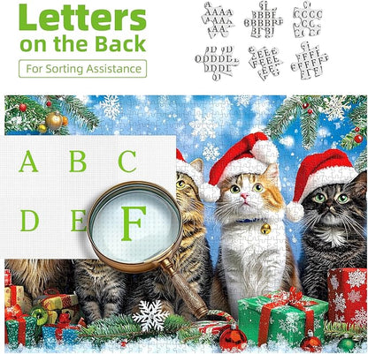 500 Piece Christmas Jigsaw Puzzle for Adults - Cute Cats in Santa Hats & Elf Hat with Unique Shaped Pieces, 23x15 Inch Holiday Puzzle for Home Decor