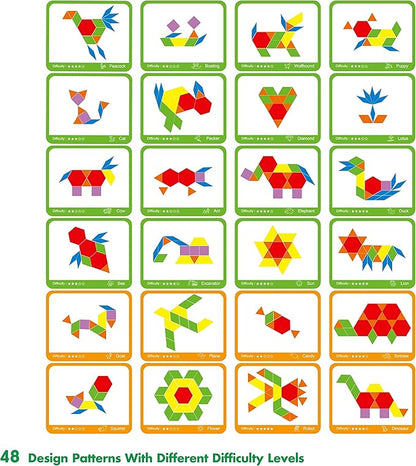 300 PCS Wooden Pattern Blocks Set for Kids with 24 Double-Sided Design Cards(48 Patterns) and Storage Bag in Gift Box,Fun Montessori Learning Toys