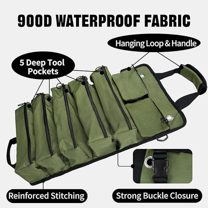 Portable Foldable Roll-Up Waterproof Tool Bag Organizer with 5 Compartments & 2 Detachable Pouches, Heavy-Duty Tool Pouch Bag, Dad Men Electrician Mechanic Gifts (Army green)