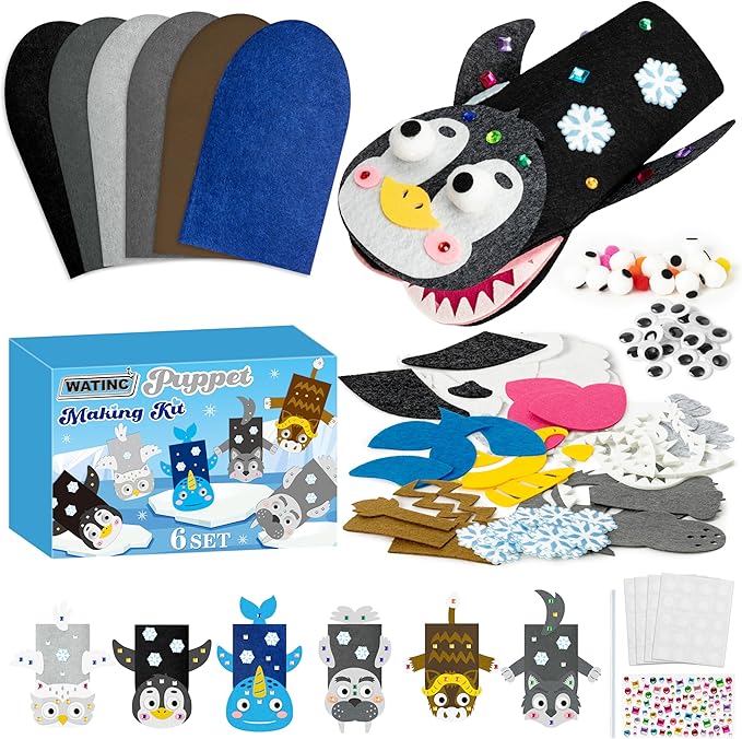 WATINC 6Pcs Hand Puppet Making Kit, Art Craft Felt Sock Puppet Toys, Creative DIY Make Your Own Pompoms Wiggle Googly Eyes Storytelling Role Play Party Supplies Gift for Girls Boys (Polar Animals B)