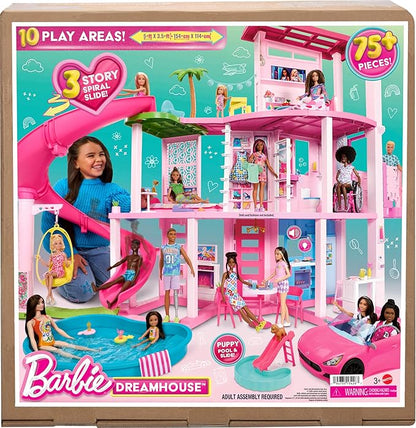 Barbie Dreamhouse, Pool Party Doll House with 75+ Pieces and 3-Story Slide, House Playset, Pet Elevator and Puppy Play Areas