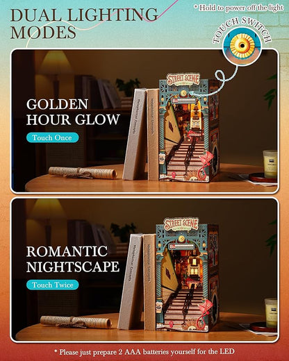 Rolife DIY Book Nook Kits Sunset Street Scene, Endless Stairs Bookshelf Decor 3D Wooden Puzzles for Adults, DIY Miniature House Model Building Kits, DIY Crafts/Birthday Gifts for Teens & Book Lovers