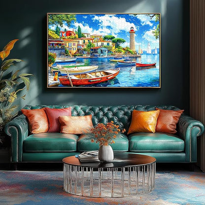 1000 Piece Jigsaw Puzzle for Adults Seaside Harbor Colorful Houses Lighthouse Sailboats Scene Beautiful Mediterranean Sea Landscape Challenging Coastal Village Puzzle for Adults Families27.6 x19.7