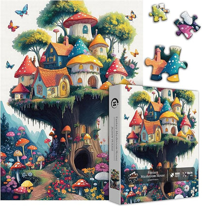 Mushroom Puzzles for Adults 1000 Pieces, Magic Mushroom Treehouse Puzzle Fantasy, Colorful Art Jigsaw Puzzle, Challenging Hard Puzzles for Adults