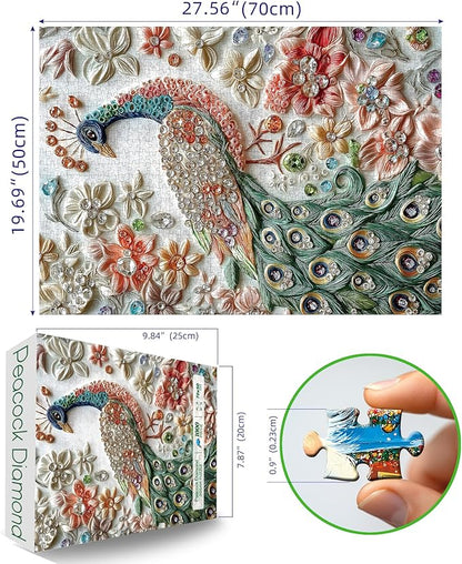 Peacock 1000 Piece Puzzle for Adults Beautiful Peafowl Colorful Flower Bird Crystal Jewellery Art Jigsaw Puzzles with Letters on Back Hard Impossible Difficult Challenging Family Puzzle(27.5"X19.6")