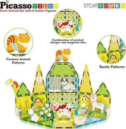 PicassoTiles Magnetic Tile Farm Animal Building Playset with 8 Character Figures STEM Construction Toy for Kids Age 3 Plus Educational Pretend Play Learning Blocks Farmyard Creative Activity Kit PTQ17