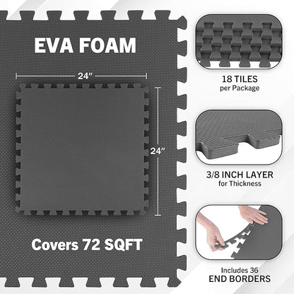EVA Foam Mat Tiles 18-Pack - 72 SQ FT of Interlocking Padding for Garage, Playroom, or Gym Flooring - Exercise Mat or Baby Playmat by Stalwart (Gray)