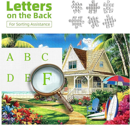 Beach House Paradise 1000 Piece Jigsaw Puzzle for Adults - Tropical Ocean Scene with Palm Trees, Sailboats & Coastal Cottage - Challenging Puzzle Games, Summer Beach Landscape, Nature Scenery Art