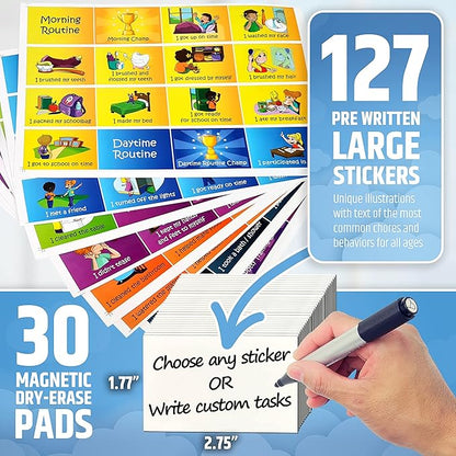 Large Magnetic Reward Chart for Kids - 127 Pre-Written Stickers (Including Potty Training) + 30 Customizable Chores - Behavior, Responsibility & Incentive Routine Star Chart for Fridge (1 Kid Version)
