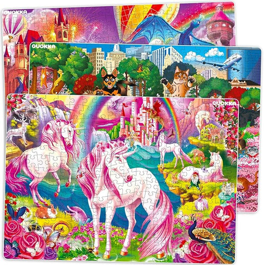 QUOKKA 300 Pieces Puzzles for Kids Ages 10-12 - 3X Set Floor Jigsaw Puzzles for 8-10 yo - Toy for Learning Unicorn – Jigsaw Educational Game for Adult Family Boy and Girl