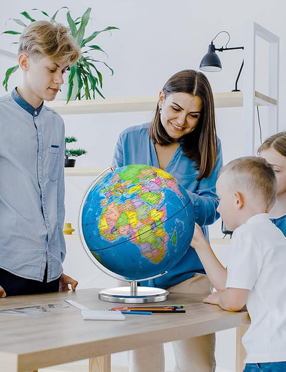 Illuminated World Globe with Stand, 13" Earth Globes with Stable Heavy Metal Base for Kids Classroom Learning, LED Constellation Globe Night Light with HD Printed Map