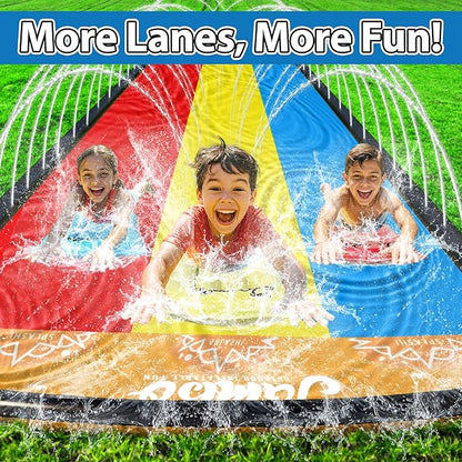 JAMBO Premium Triple Water Slide with 3 Bodyboards, 20Ft Heavy Duty Slip Splash and Slides-Advanced 3-Way Sprinkler System, Splash Pad Mat Backyard Summer Outdoor Water Toys n Long Slides for Kids