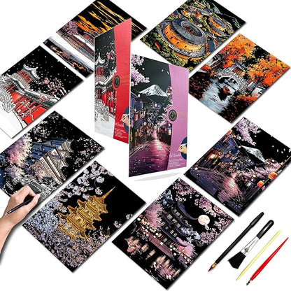 Scratch Art for Adults-Laser Scratch Painting Craft Kit (8 Sheets 16x11 in)|Foil Engraving Art Set|Stress Relief Gift for Travel Lovers,Craft Lovers|Creative Scratch Art Home Decor(Asian Series)