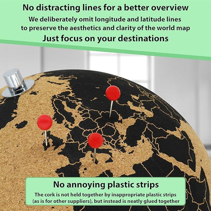 Beautiful Cork Globe with 102 Different Push Pins - Spinning Travel Globe 26cm / 10 inch High with Push Pin Made of Cork – as Travel Map & Gift Idea for Globetrotters