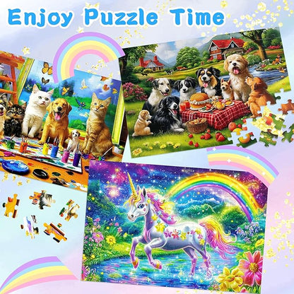 100 Piece Puzzles for Kids Ages 4-6, 4 in 1 Jigsaw Puzzles for Kids Ages 6-8, Sea World Cats Dogs Unicorn Learning Educational Children Puzzles 5-8 for Boys and Girls