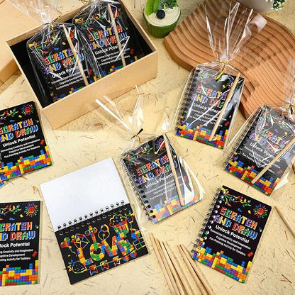 Pasimy 24 Set Scratch Art Party Favor Gifts for Kid Building Block Scratch Notebook Bulk Paper Craft for Girl Boy Classroom Prizes Goodie Bag Stuffer Christmas Birthday Party Favor