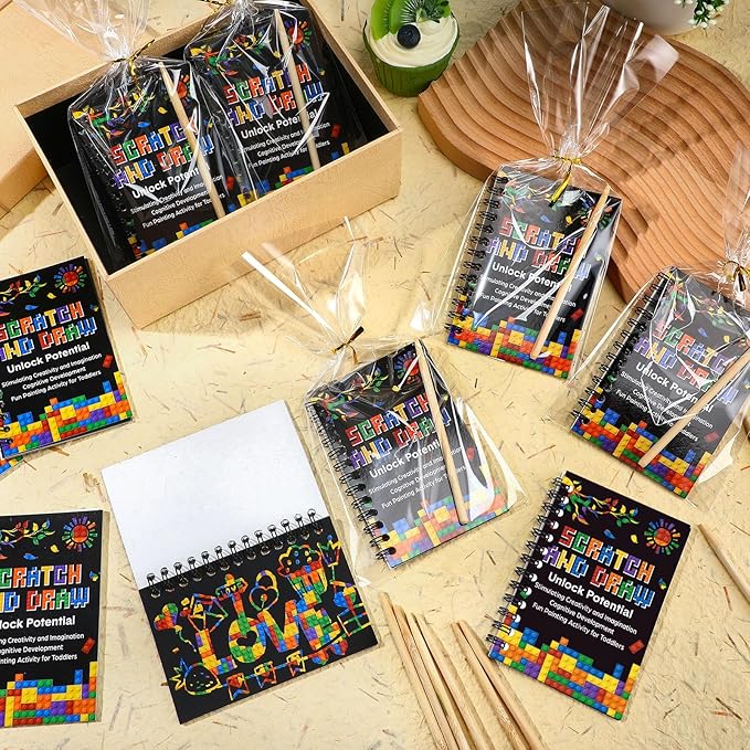 Pasimy 48 Set Scratch Art Party Favor Gifts for Kid Building Block Scratch Notebook Bulk Paper Craft for Girl Boy Classroom Prizes Goodie Bag Stuffer Christmas Birthday Party Favor