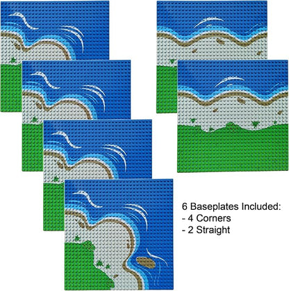 Apostrophe Games Island Building Blocks Base Plates Compatible with All Major Brands - 6 Pack of Beach Plates - 4 Corners & 2 Straight