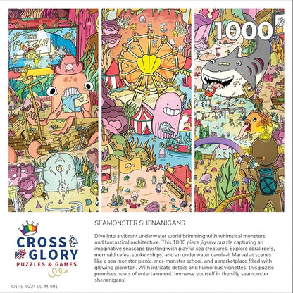 Cross & Glory - Seamonster Shenanigans - 1000 Piece Jigsaw Puzzle for Adults & Kids 12+ | Colorful Underwater Scene with Whimsical Sea Creatures | Family Fun