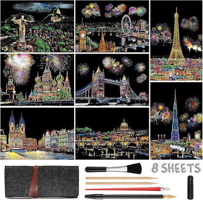 Scratch Art for Adults Kids, Rainbow Painting Night View Scratchboard(A4), Crafts Set: 8 Sheets Scratch Cards with 6 tools in Bag - Fireworks, Big Ben, Cristo Redentor, Ferris Wheel(Landmark Building)