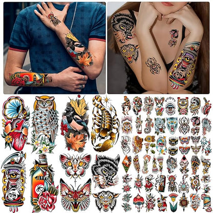 77 Sheets Vintage Temporary Tattoo, Old School Temporary Tatoos Flower Swallows Butterflies Tiger Scorpion Snake Hand Owl Swords for Women Girls and Men, Half Arm Fake Tattoos for Adults Shoulder Arm