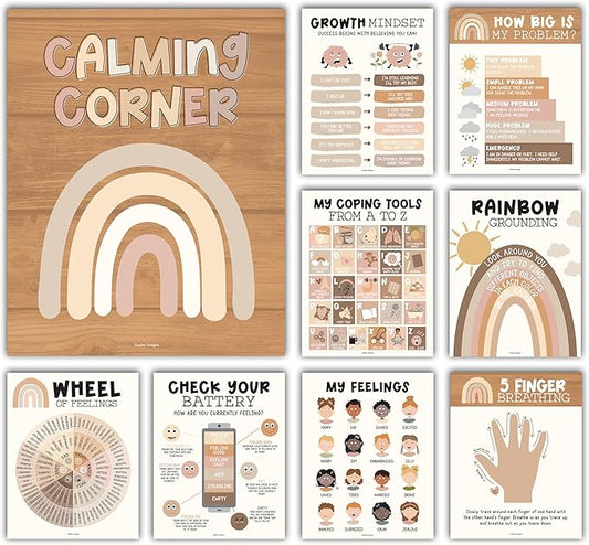 Hadley Designs 9 Calming Corner Posters For Classroom Must Haves For Teachers - 11x14 Calm Down Corner Supplies, Feelings Chart For Kids Ages 4-8, Feelings Wheel Poster, Boho Classroom Decor