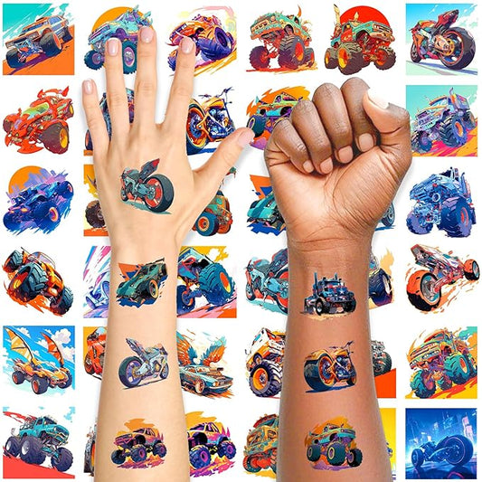 Aresvns Cool Monster Trucks Temporary Tattoo for Kids, 117 Pattern Cute Cars Cartoon Fake Tattoos for Girls Boys Goodie Bags Stuffers Birthday Party Decoration Supplies Summer Swimming Pool BBQ