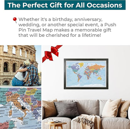 Push Pin Travel Maps - Blue Oceans World - Rustic Black Framed Pin Map for Tracking Your Travels - 27.5" x 39.5" - 8 Handcrafted Frame Options - Made in USA - Ideal for Any Traveler