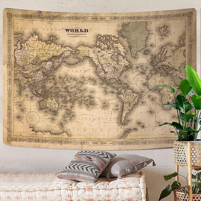 GOAOK Retro Old World Map, Vintage Map Asian Northern European Topography Earth Educational Tapestry for Classroom, Brown Adventure Travel World Map Office Wall Art 40"X30