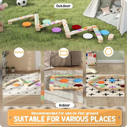 Qaba Kids Balance Beam, Wooden Balance Board with Stepping Stones, Gymnastics Obstacle Course for Toddlers 3-8 Years for Motor Skills Coordination, Indoor Outdoor Use
