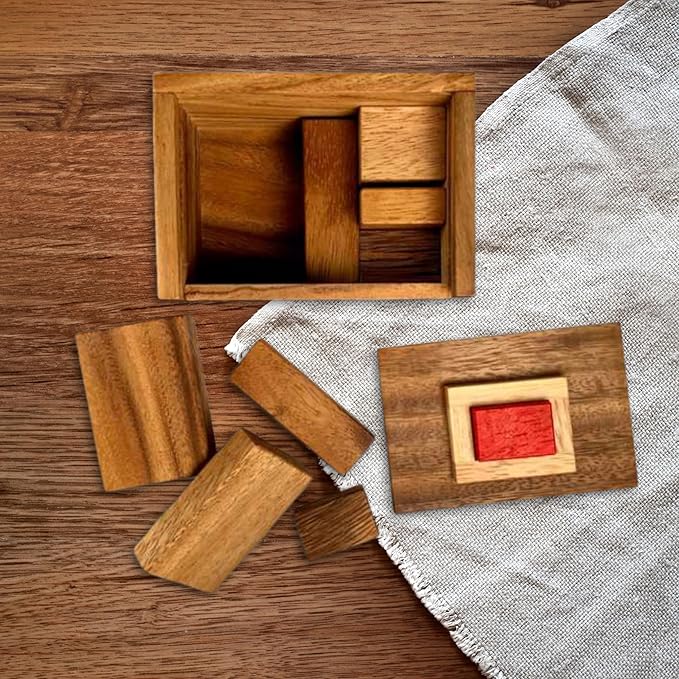 Difficult Puzzle for Adults - Hide The Red Stone Wood Puzzle - 9 Piece Brain Teaser