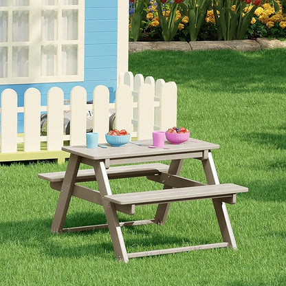 Costaelm Kids Picnic Table, HDPE All Weather Outdoor Toddler Picnic Table and Chair Set Kids Bench for Patio, Backyard, Garden, Lawn, Sand