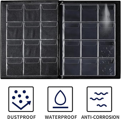 120 Pockets Coin Album - Coin Collecting Book with 10 Pages, 45x43 mm Grid Holder for Pounds Pence Cents Dollars Nickel (Black) CS48120BK