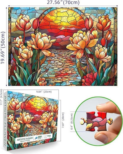 Stained Glass Flower Puzzles for Adults 1000 Pieces Colorful Impossible Hard Puzzle for Adults Beautiful Vintage Flowers Art Jigsaw Puzzles 1000 Pieces Unique Challenging Floral Family Puzzle