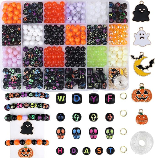 XIANNVXI 480pcs 23color Halloween Glass Beads Jewelry Making Kit Black Orange Purple White Friendship Bracelet Supplies with Halloween Pattern Beads DIY Crafts Kit