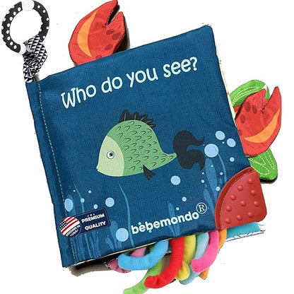 Fish Baby Book 0-6 Months,Touch Feel Cloth Crinkle Books for Babies,Infant Baby Toys 6-12 Months,Learning Education Soft Sensory Mirror Toy,Shower Gifts Easter for Boys Girls-Teether