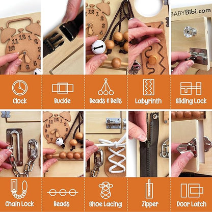 Large Montessori Busy Board - 10-in-1 Sensory Activity Toy for Toddlers with Locks, Shoelaces & More - Education Travel Toy for Boys & Girls Ages 3+