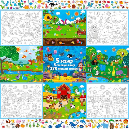 Reusable Sticker Activity Pad, 5 Large Size Scenes, 5 Coloring Pages & 270 Reusable Stickers, Statistic Sticker Pad for Preschool, Kids