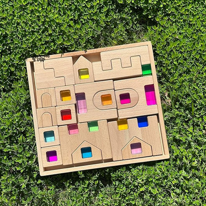38PCS Wooden Building Blocks Set with Colorful Acrylic Inserts, Include Wooden Castles, Stairs, Arches Educational Construction Toy for Toddlers (38PCS Castle House)
