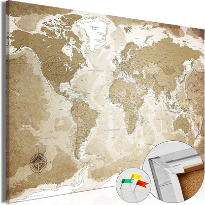 artgeist Pinboard World Map 35x24 in - Cork Board & Canvas Print Wall Art 1 pcs Memoboard with 50 Pins Noticeboard Message Board Image Picture Home Decor Travel Map Map of The World k-C-0127-p-a