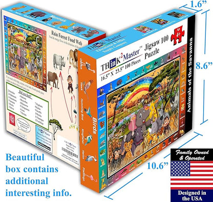 Think2Master Zoo Animals of The Savanna Jungle Safari 100 Pieces Jigsaw Puzzle. Fun Educational Toy for Kids, School & Families. Great Gift for Boys & Girls Ages 5-8 4-6 6-8 8-10 23.4” X 16.5”