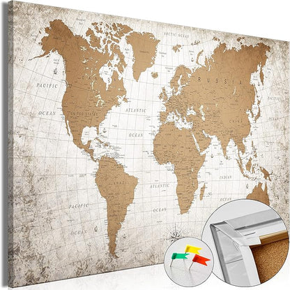 artgeist Pinboard World Map 35x24 in - Cork Board & Canvas Print Wall Art 1 pcs Memoboard with 50 Pins Noticeboard Message Board Image Picture Home Decor Travel Map k-C-10001-p-a