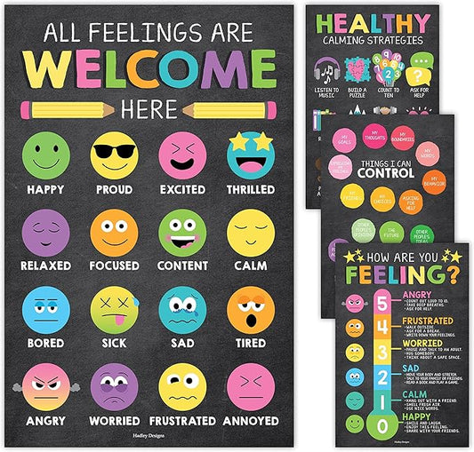 Hadley Designs Feelings Chart For Kids Ages 4-8- Emotions Chart For Toddlers 3-5, Counseling Feelings Posters For Classroom Calming Corner, Social Emotional Learning Poster, Chalkboard Classroom Decor