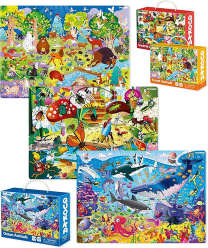 QUOKKA 300 Pieces Puzzles for Kids Ages 8-10 - 3X Set Floor Jigsaw Puzzles - Toy for Learning Ocean & Vimel & Bugs for 10-12 Year Old – Jigsaw Educational Game Gift for Boys and Girls