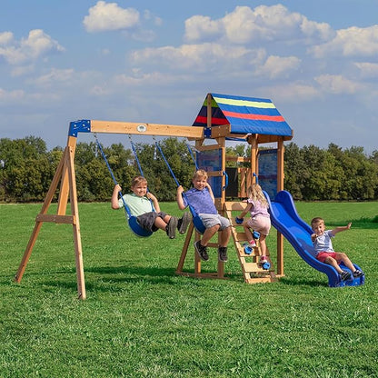 Backyard Discovery Bay Pointe Cedar Wood Swing Set with Wave Slide, Play Deck, Rock Wall Ladder, Belt Swings, Chalkboard, Canopy Roof, Outdoor Playset